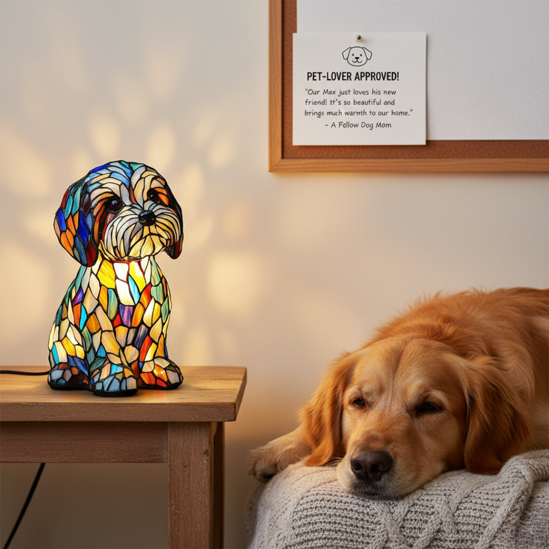 Luminous Canine Companions in Stained Glass Light